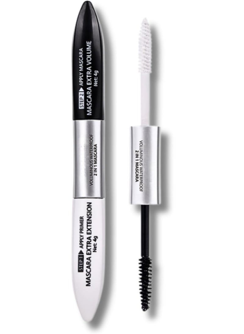 SHEBEEDO Double Extension Mascara & Eyelash Primer 2 in 1 - Black Mascara Lengthening & Volumising with White Mascara Primer for Natural Curled Lashes, Waterproof Smudge-Proof Formula for Daily Makeup - Image 1